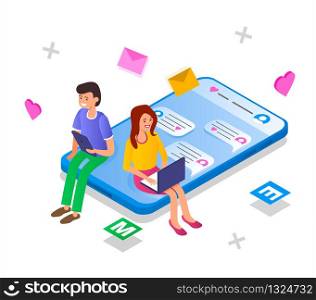 Online dating concept banner. The guy and the girl communicate through a dating site. Communication and meetings via the Internet. Vector isometric illustration.. The guy and the girl communicate through a dating site