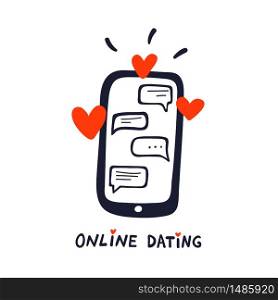 Online dating concept. Dating application logo, mobile phone with chat and hearts. doodle style vector illustration. Online dating concept. Dating application logo, mobile phone with chat and hearts. doodle style vector illustration.