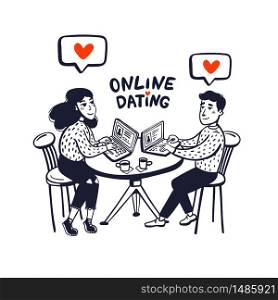 Online dating concept. Happy couple sitting in a cafe with laptops. Young man and woman searching for love with an online application. Doodle style vector illustration. Online dating concept. Happy couple sitting in a cafe with laptops. Young man and woman searching for love with an online application. Doodle style vector illustration.