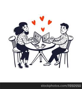 Online dating concept. Happy couple sitting in a cafe with laptops. Young man and woman searching for love with an online application. doodle style vector illustration. Online dating concept. Happy couple sitting in a cafe with laptops. Young man and woman searching for love with an online application. doodle style vector illustration.