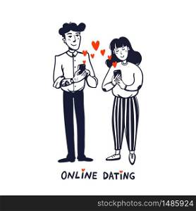 Online dating concept. Young man and woman searching for love with a Mobile phone application. Doodle style vector illustration on white background. Online dating concept. Young man and woman searching for love with a Mobile phone application. Doodle style vector illustration on white background.