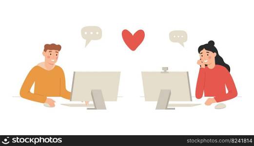 Online dating couple, man and woman chatting. Vector couple dating online, relationship romantic illustration. Online dating couple, man and woman chatting