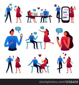 Online dating couple. Man and woman romantic meeting, perfect match internet dating chat and blind date service for flirting couples talking. Flirt app vector isolated icons illustration set. Online dating couple. Man and woman romantic meeting, perfect match internet dating chat and blind date service vector illustration