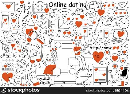 Online dating doodle set. Collection of hand drawn sketches temlates patterns of man boyfriend woman girlfriend finding love and communicating via internet social network. Relationshps on distance.. Online dating doodle set