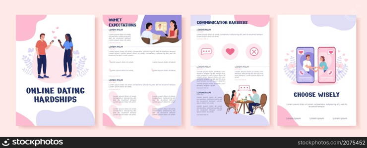 Online dating hardships flat vector brochure template. Flyer, booklet, printable leaflet design with flat illustrations. Magazine page, cartoon reports, infographic posters with text space. Online dating hardships flat vector brochure template