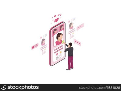 Online dating isometric color vector illustration. Male picking date on pink screen infographic. Persons social media profile 3d concept. Matchmaking, liking webpage, mobile app design. Online dating isometric color vector illustration