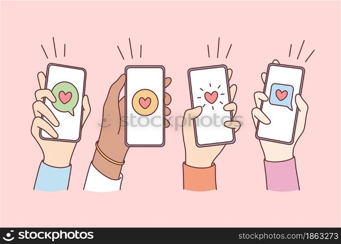 Online dating, love and mobile concept. Hands of people holding smartphones with hearts and communication chats on screens vector illustration. Online dating, love and mobile concept