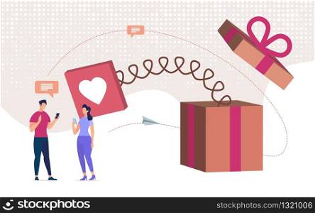 Online Dating, Love Declaration Online Flat Vector Concept. Man and Woman Standing Together with Cellphones in Hand, Chatting in Messenger, Huge Gift Box with Jumping Out Heart on Spring Illustration
