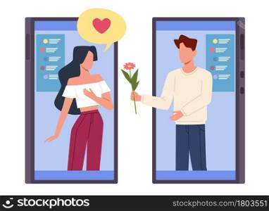 Online dating. Man and woman on smartphones screens, romantic relationship in internet, social media app, romantic search application, virtual love, vector cartoon isolated on white background concept. Online dating. Man and woman on smartphones screens, romantic relationship in internet, social media app, romantic search application, virtual love, vector cartoon isolated concept