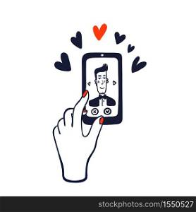 Online dating service. hand swiping photos of men on the phone screen. Mobile phone application. Doodle style vector illustration.. Online dating service. hand swiping photos of men on the phone screen. Mobile phone application. Doodle style vector illustration