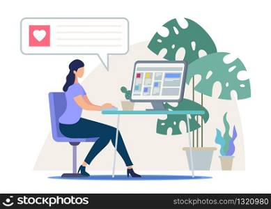 Online dating service, internet chatting flat vector concept. Businesswoman sitting at work desk in office, working on computer, messaging with clients, communicating on social network illustration.