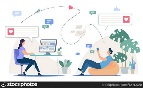 Online Dating Service, Mobile App, Virtual Relations Flat Vector Concept. Woman Sitting at Desk, Messaging with Friend, Man with Phone Sitting in Bean Bag Chair Chatting in Social Network Illustration