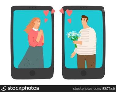 Online dating vector illustration. Couple in love and smartphone. Modern relationships. Online dating illustration