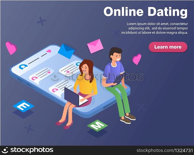 Online dating, virtual relationships, and social networking concept banner. Teenagers chatting on the Internet. Vector isometric illustration.. Online dating, virtual relationships, and social networking concept banner.