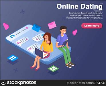 Online dating, virtual relationships, and social networking concept banner. Teenagers chatting on the Internet. Vector isometric illustration.. Online dating, virtual relationships, and social networking concept banner.