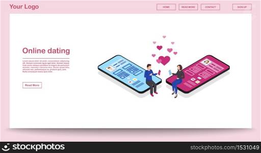 Online dating webpage vector template with isometric illustration. Persons social network profile. Couple in love. Messaging, liking website interface. Socializing pink webpage, mobile app 3d concept. Online dating webpage vector template with isometric illustration