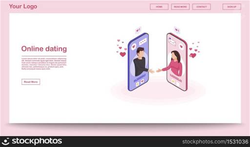 Online dating webpage vector template with isometric illustration. Virtual handshake. Messaging, liking website interface design. Matchmaking pink webpage, mobile app 3d concept. Online dating webpage vector template with isometric illustration