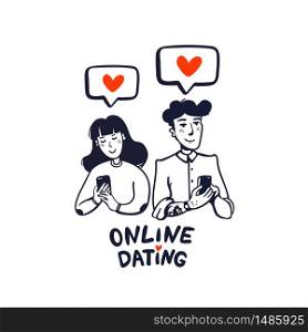 Online dating. Young man and woman searching for love with a Mobile phone application. Flat style vector illustration. Online dating concept. Young man and woman searching for love with a Mobile phone application. Flat style vector illustration.