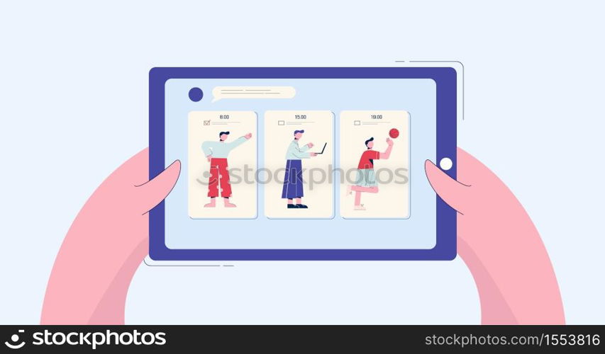 Online day planning illustration. Schedule in tablet of activities for day wake up and exercise in morning, work hours with break rest and sports technology of vector tasks reminder.. Online day planning illustration. Schedule in tablet of activities for day.