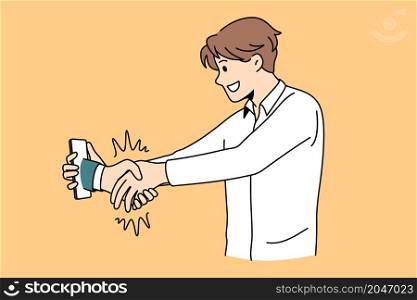 Online deal and handshake concept. Smiling man worker businessman standing and shaking hand online with unknown person hand from screen vector illustration . Online deal and handshake concept.