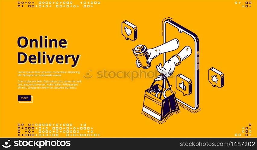 Online delivery banner. Mobile service for order shipping. Vector landing page with isometric smartphone and hands give purchase, bag with products and drink on yellow background. Vector landing page of online delivery