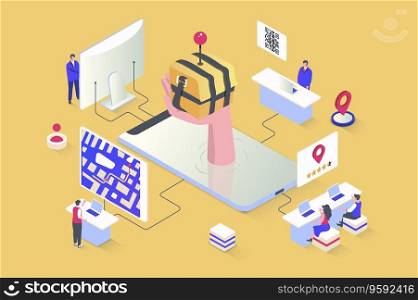 Online delivery concept in 3d isometric design. Customers send and receive parcels, track online, pay for service of logistics company. Vector illustration with isometry people scene for web graphic