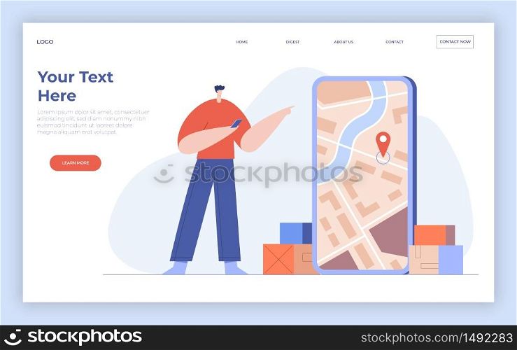 Online delivery concept, shipping application, customer ordering transportation services in smartphone. Cargo tracking on the map and location mark. Landing page template. Flat vector illustration.