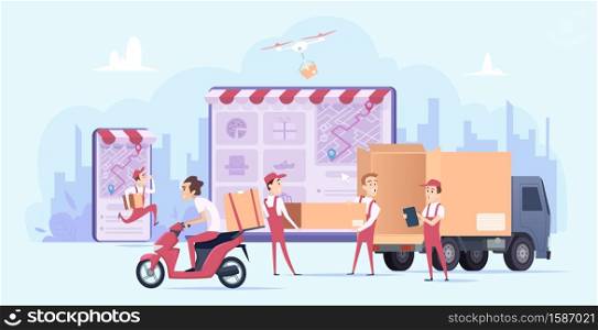 Online delivery. Fast digital shopping and urban courier transport service shipping gifts vector delivery concept illustration. Courier fast service, box delivery. Online delivery. Fast digital shopping and urban courier transport service shipping gifts vector delivery concept illustration