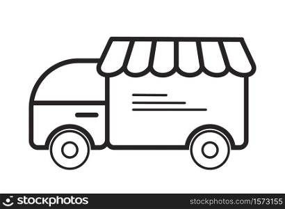 Online delivery icon vector. Sale, customize and buy sign for website. Retail, fast shipping, order icon. Truck illustration in outline style.. Online delivery icon vector. Sale, customize and buy sign for website. Retail, fast shipping, order icon. Truck illustration