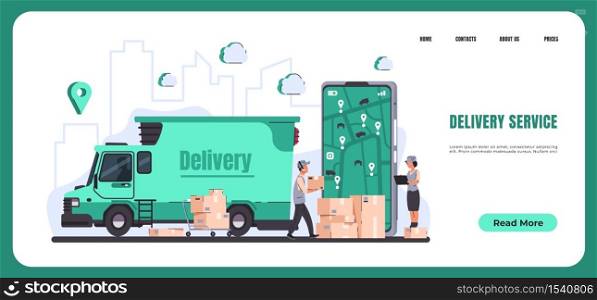 Online delivery. Landing page of food and goods order and delivery service to home and office. Vector illustration tracking of shopping smartphone application. Online delivery. Landing page of food and goods order and delivery service to home and office. Vector shopping smartphone application