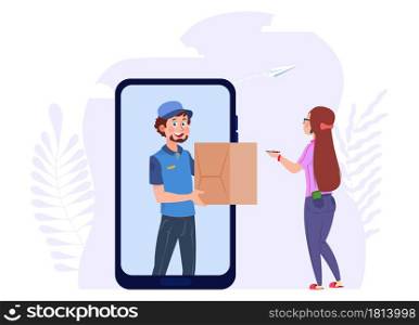 Online delivery. Post man with box, woman and parcel. Mobile app, logistic service vector concept. Illustration post service order, box delivery online. Online delivery. Post man with box, woman and parcel. Mobile app, logistic service vector concept