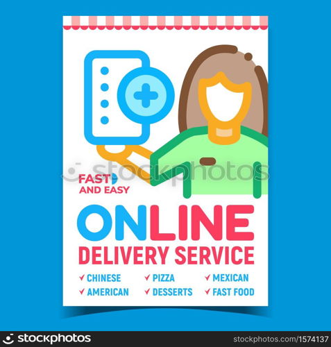 Online Delivery Service Advertising Poster Vector. Delivering Service Client On Promotional Banner. Desserts And Pizza Fast Food Easy Order Concept Template Style Color Illustration. Online Delivery Service Advertising Poster Vector