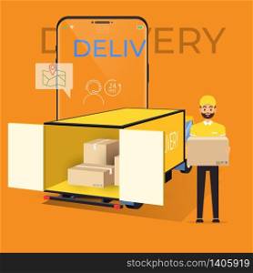 Online delivery service and order tracking with mobile. City logistics concept. Fast delivery man and truck. vector illustration