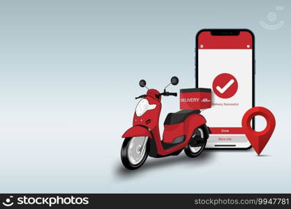 Online delivery service background concept, E-commerce concept, red scooter smartphone and map pin, vector illustration