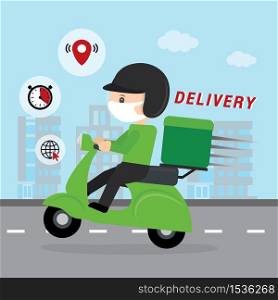 Online Delivery Service Concept Cartoon Vector illustration. Man riding a Scooter Motorcycle. Online food order infographic. COVID-19. Quarantine in the city.