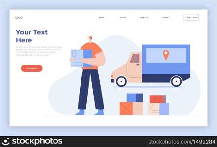 Online delivery service concept, courier with parcel and truck. Internet shipping web banner. Transportation and logistic digital shopping. Landing page template. Flat vector illustration.
