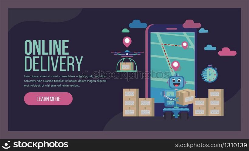 Online delivery service concept landing page with robot and drone. This design can be used for websites, landing pages, UI, mobile applications, posters, banners.Internet shipping web banner