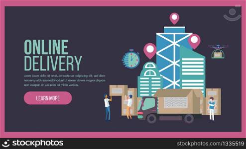 Online delivery service concept landing page with truck and staff service. This design can be used for websites, landing pages.Internet shipping web banner with modern city.Vector illustration.