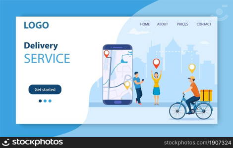 online delivery service concept. men order food via smartphone. delivery home and office. bicycle courier. Landing page, template, mobile app, poster, banner. Vector illustration in flat style. online delivery service concept