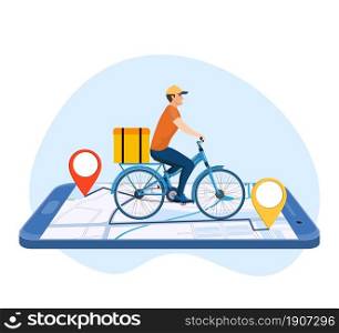 Online delivery service concept, online order tracking, delivery home and office. bicycle courier. Isometric concept, goods shipping, food online ordering. Vector illustration in flat style. Online delivery service concept,