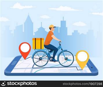 Online delivery service concept, online order tracking, delivery home and office. bicycle courier. Isometric concept, goods shipping, food online ordering. Vector illustration in flat style. Online delivery service concept,