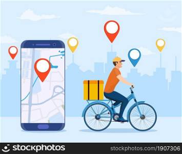 Online delivery service concept, online order tracking, delivery home and office. bicycle courier. Online pizza order. goods shipping, food online ordering. Vector illustration in flat style. Online delivery service concept,