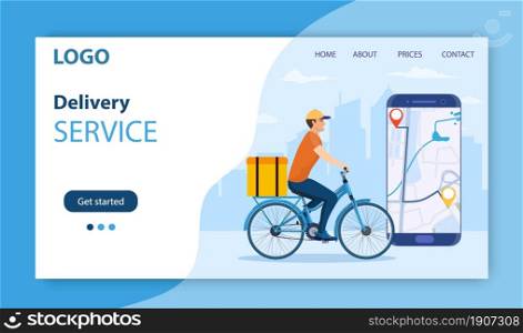 Online delivery service concept, online order tracking, delivery home and office. bicycle courier. Online pizza order. Landing page concept. Vector illustration in flat style. Online delivery service concept,