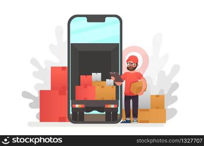 Online delivery service concept, online order tracking. Delivery home and office. City logistics. Warehouse, truck, forklift, courier, delivery man, on mobile. Vector illustration