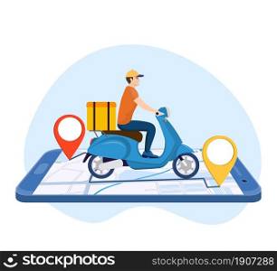 Online delivery service concept, online order tracking, delivery home and office. scooter courier. Isometric concept, goods shipping, food online ordering. Vector illustration in flat style. Online delivery service concept,