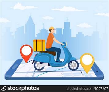 Online delivery service concept, online order tracking, delivery home and office. scooter courier. Isometric concept, goods shipping, food online ordering. Vector illustration in flat style. Online delivery service concept,