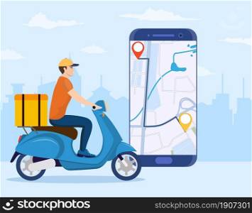 Online delivery service concept, online order tracking, delivery home and office. scooter courier. Online pizza order. goods shipping, food online ordering. Vector illustration in flat style. Online delivery service concept,