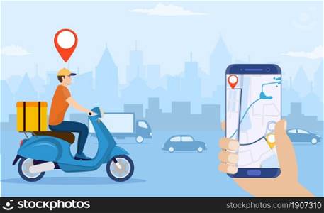 Online delivery service concept, online order tracking, delivery home and office. scooter courier. Online pizza order. goods shipping, food online ordering. Vector illustration in flat style. Online delivery service concept,