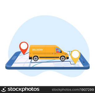 Online delivery service concept, online order tracking, delivery home and office. truck van courier. Isometric concept, goods shipping, food online ordering. Vector illustration in flat style. Online delivery service concept,