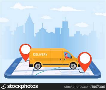 Online delivery service concept, online order tracking, delivery home and office. truck van courier. Isometric concept, goods shipping, food online ordering. Vector illustration in flat style. Online delivery service concept,